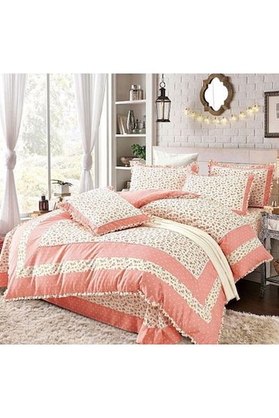OEM Luxury Bedding with Ruffles, Fine Cotton, 4 Pieces, Double, 230x250cm, Salmon Floral, Multicolor