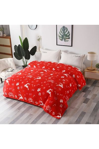 OEM Patura Dubla Cocolino, 2 persoane, 200x230cm, Imprimeu Craciun, Reni si Daruri, Rosu-Alb