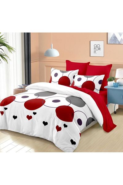 OEM Lenjerie de pat, Cearceaf cu Elastic, Finet, 6 piese, 2 persoane, Inimi si Cercuri, 180x200cm, Multi