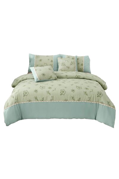 OEM Double Bed Linen, Floral Print, 6 Pieces, 2 People, 180x200cm, Green Duck Egg