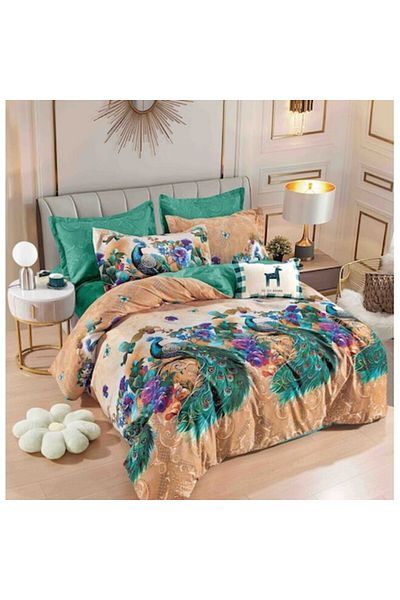 JOJO HOME Double bed sheet with elastic, Jojo Home, Peacock print, 6 pieces, 2 persons, 180x200cm, Superior Fi