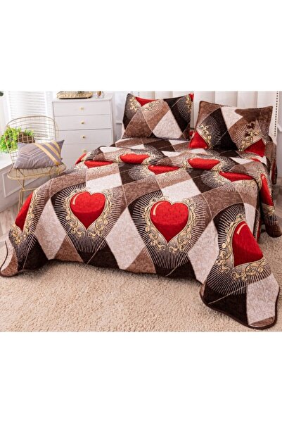 OEM Bedspread, Cotton and Linen, 3 pieces, 2 people, 230x250cm, Hearts Print, Multicolor