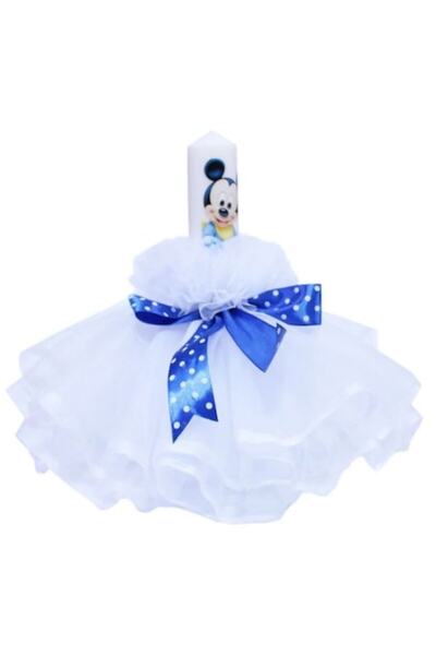 OEM Lumanare de botez baieti, Tulle, Mickey Mouse, 30x5cm, Alb-Albastru