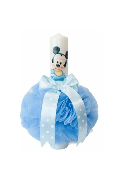 OEM Lumânare de botez pentru băieți, tul, Mickey Mouse, 35x5cm, albastru deschis