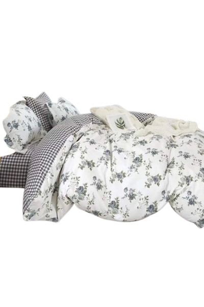 OEM Lenjerie de pat, 6 piese, 2 persoane, 230x250cm, Finet, Imprimeu Carouri si Flori, Multicolor