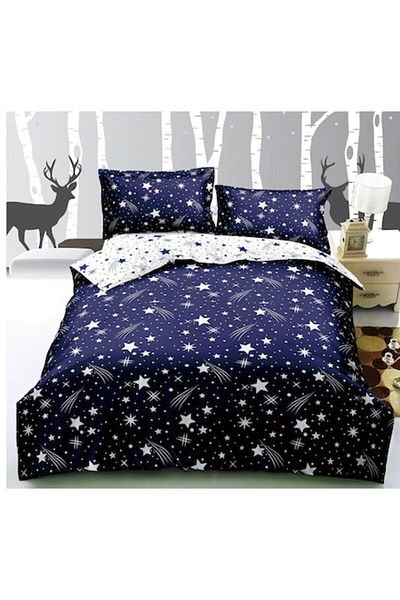 OEM Cearșaf de pat dublu cu elastic, 4 bucăți, 180x200cm, imprimeu steluțe albastre, Finet