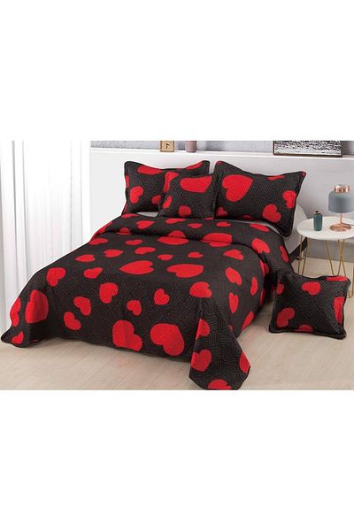OEM Quilted Bedspread and 4 Pillowcases, Cotton, 5 Pieces, Two Persons, Red Hearts Print, 230x250cm, Bla