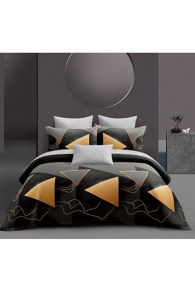 OEM Lenjerie de Pat, Bumbac Satinat, 4 piese, 2 persoane, Imprimeu Forme Geometrice, 180x200cm, Multicol