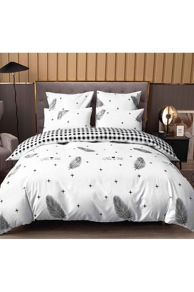 OEM Double Bed Linen Set, Satin Cotton, 4 Pieces, 240x250cm, Feather Print, White-Grey