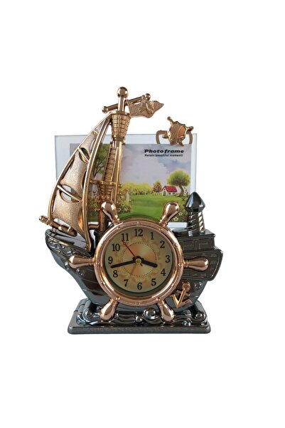 OEM Clock made of plastic, desktop, ship-shaped with photo holder, silver, 20x25 cm