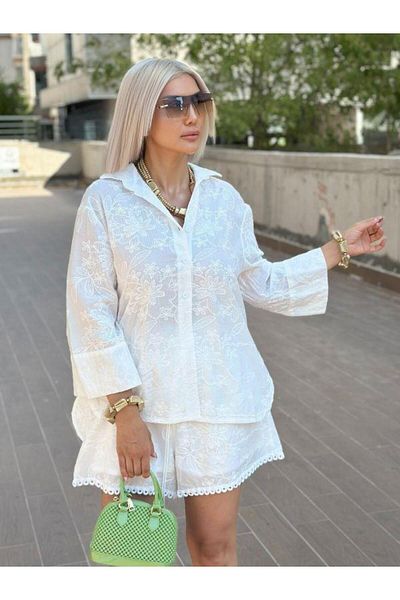 Robin 38483 Embroidered Shirt Shorts Set Ecru