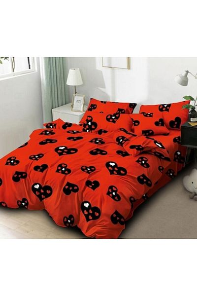 OEM Double Bed Linen Set, Heart Pattern, 6 Pieces, Finet, 220x230cm, Red-Black