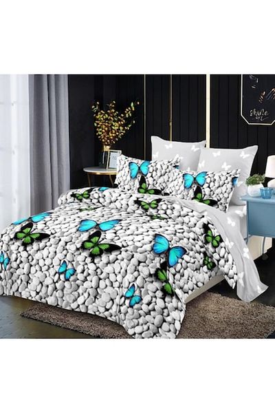 OEM Lenjerie de pat, Finet, 6 piese, 2 persoane, Imprimeu Fluturi Bicolori, 230x250cm, Multicolor