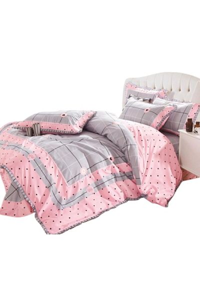 OEM Luxury Bedding Set with Ruffles, Finet, 4 Pieces, Pink-Grey Print