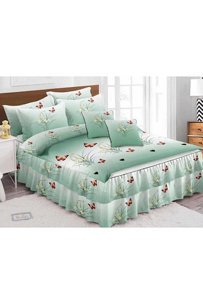 OEM Double Bedding Set with Ruffles, 6 Pieces, Imprint Butterflies, Multicolor
