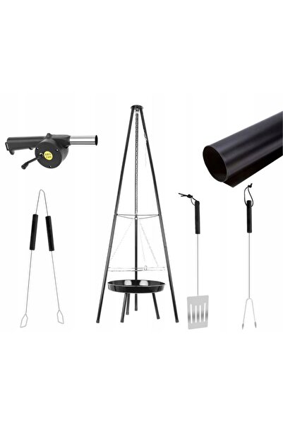 KRUZZEL Barbecue with tripod and blower, adjustable height, stainless steel, utensils