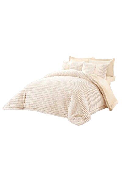 JOJO HOME Double bed linen set, velvet, faux rabbit fur, plain, 6 pieces, 180x200cm, off-white