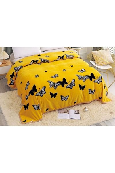 JOJO HOME Cocolino blanket with border and fur, for double bed, Jojo Home, Black Butterflies print, 2 person