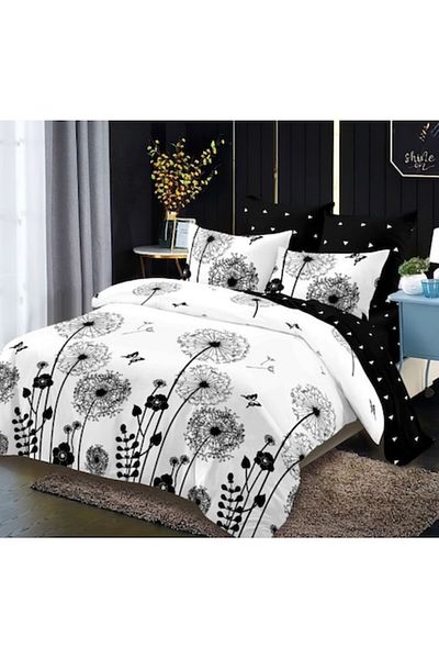 OEM Lenjerie de pat, Finet, 6 piese, 2 persoane, 230x250cm, Imprimeu Papadie, Alb-Negru