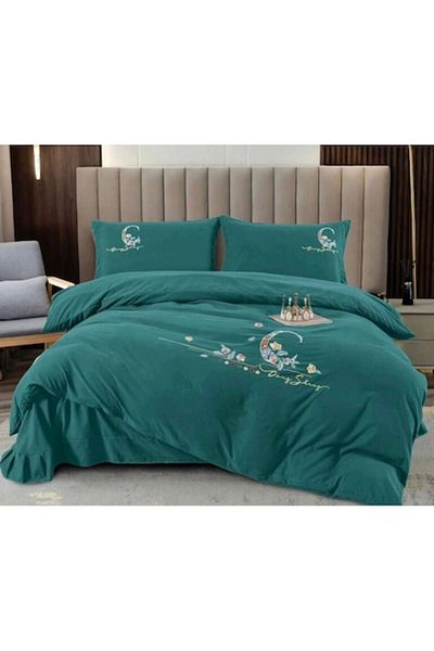 OEM Double Bed Embroidered Bedding Set, Finet, 4 Pieces, 245x250cm, Green Tuborg