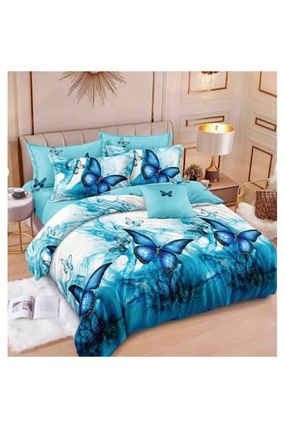 OEM Double Bed Bedding Set, Reversible, 6 Pieces, Turquoise Butterfly Print, 240x250cm, Satin Cotton, Mu