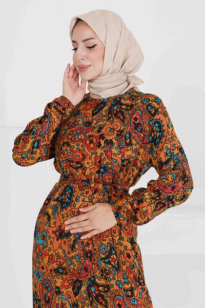 TOFİSA Patterned Belted Dress Mustard - 27472