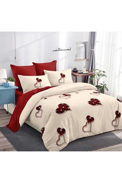 OEM Double Bed Set, Heart Print, Reversible, 6 Pieces, 230x250cm, Finet, Beige-Red
