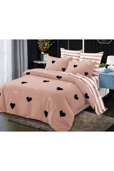 OEM Double Bed Sheet Set, Spring, Elastic Sheet, 6 Pieces, 2 Persons, 180x200cm, Flannel, Hearts, Beige-