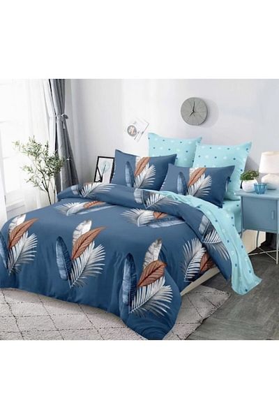 OEM Lenjerie de pat, Cearceaf cu Elastic, Finet, 6 piese, 2 persoane, Frunze si Pene, 180x200cm, Multico