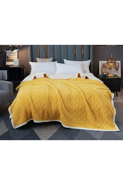 OEM Double Bed Blanket with Fleece, Knitted Design, Solid Color, Yellow