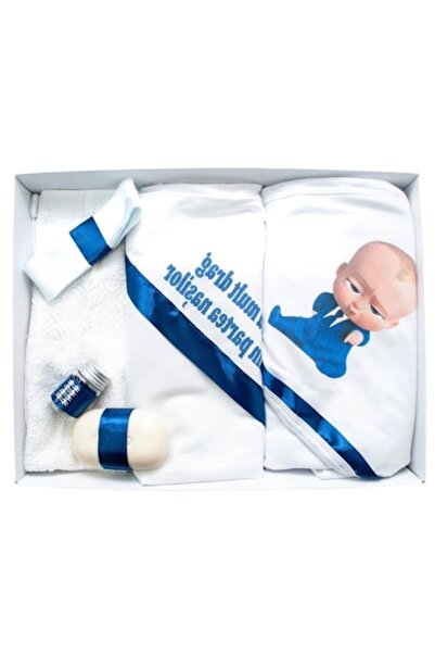 OEM Set botez pentru băieți, 6 piese, „Cu dragoste de la nași”, Baby Boss, alb-albastru