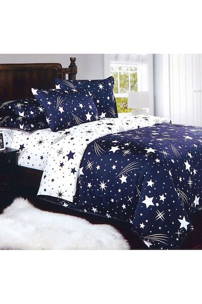OEM Set de lenjerie de pat reversibil cu cearșaf elastic, Finet Starry Sky, single, 4 piese, 140x200cm, bleumarin