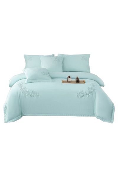 OEM Set de lenjerie de pat de lux, bumbac fin, model brodat, 6 piese, 2 persoane, 180x200cm, albastru cer