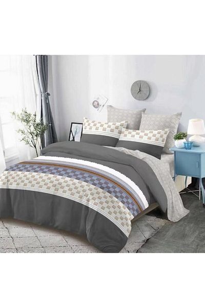 OEM Double Bed Sheet Set with Elastic, Checkered Pattern, 6 Pieces