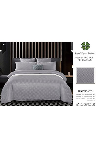 Pucioasa Double Bed Linen Set, Velvet Picket Grofat Lux, 6 Pieces, Dark Gray