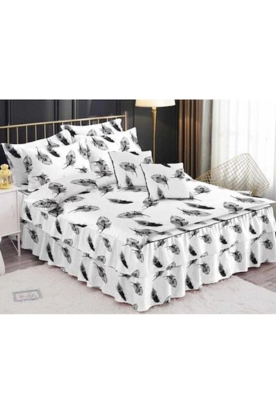 OEM Double Bed Linen Set, Ruffled, 6 Pieces, 2 Persons, Feather Print, 270x245cm, White-Grey