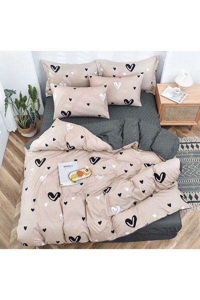 OEM Reversible Bed Linen Set, Finet Hearts, 1 Person, 4 Pieces, 140x200cm, Beige-Black