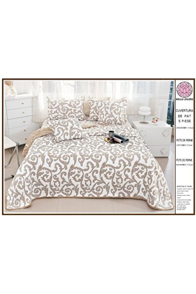 OEM Bedspread Cotton and Linen, 5 pieces, 2-person, Abstract print, 230x250cm, Beige-White
