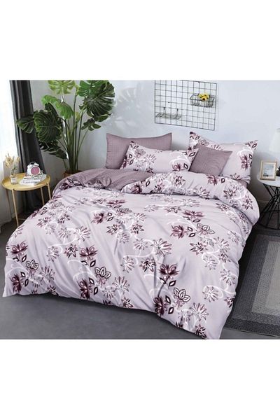 OEM Set lenjerie de pat dublu, 6 piese, 2 persoane, 180x200cm, Finet, imprimeu floral, liliac