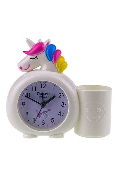 OEM Plastic desk clock with unicorn and pen holder, 14x13 cm, white