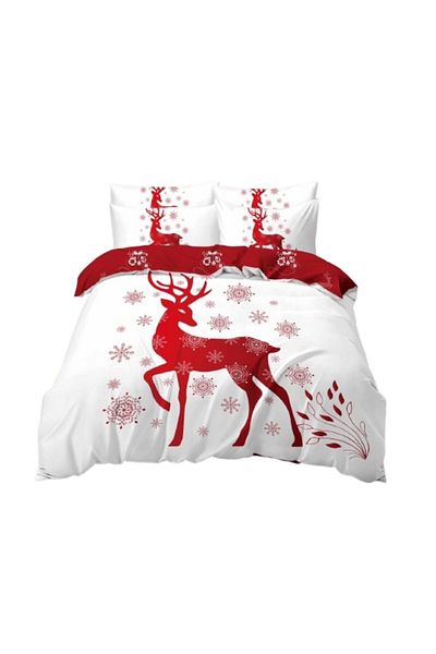 OEM Lenjerie de pat, Finet, Imprimeu Festiv Craciun, Ren, 6 piese, 2 persoane, 240x250cm, Alb-Rosu