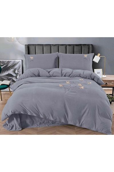 OEM Embroidered Double Bed Linen Set, Uni, Finet, 4 Pieces, Grey, 245x250cm