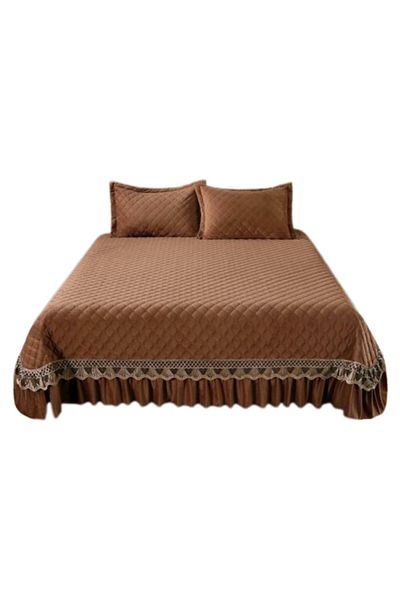 JOJO HOME Cuvertura si 2 fete de perna, Catifea Matlasata si Broderie Aurie, Jojo Home, 3 piese, 2 persoane, U