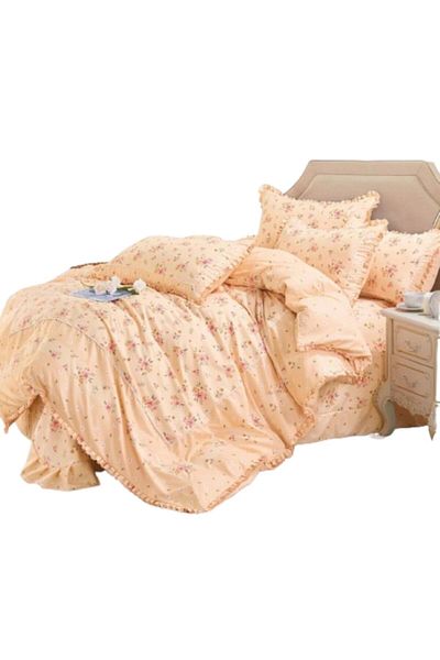 OEM Luxury Bedding Set with Frills, Finet, 4 Pieces, Double Size, 230x250cm, Floral Peach Print