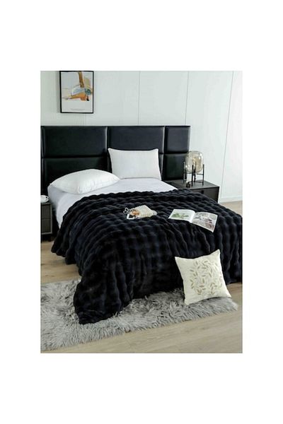 JOJO HOME Luxury Blanket, Faux Rabbit Fur, with Zipper, 200x230cm, Black
