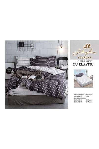 OEM Bedding set, fitted sheet, satin cotton, 4 pieces, striped, 180x200cm, black-white