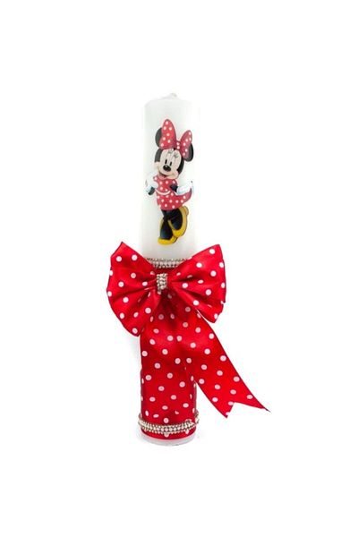 OEM Lumânare de botez pentru fetițe, panglică și pietre decorative, Minnie Mouse, 35x5cm, roșie