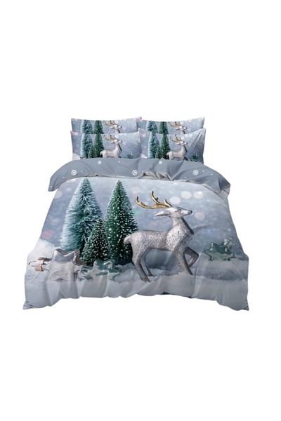 OEM Lenjerie de pat, Finet, Imprimeu Festiv Craciun, Shining Reindeer, 6 piese, 2 persoane, 240x250cm, M