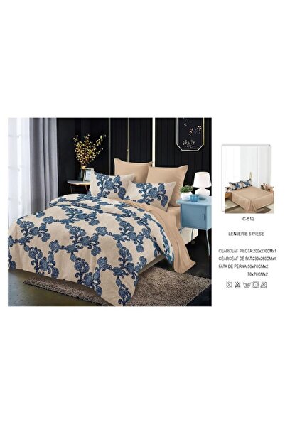 OEM Lenjerie de pat, Finet, 6 piese, 2 persoane, Imprimeu Elegant, 230x250cm, Bej-Albastru