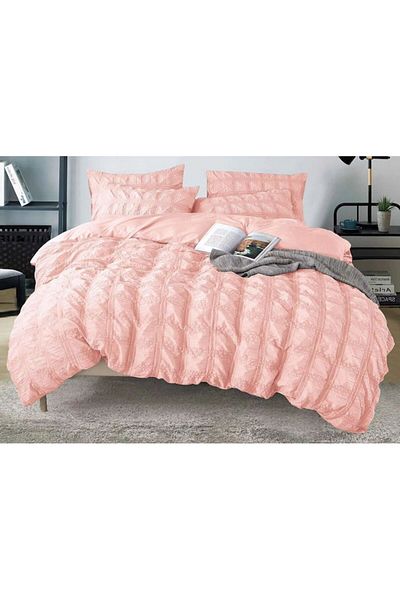 OEM Double Bed Linen, Sonia-Home, Finet, Plain, Creponated Model, 6 Pieces, 2 People, 220x240cm, Coral